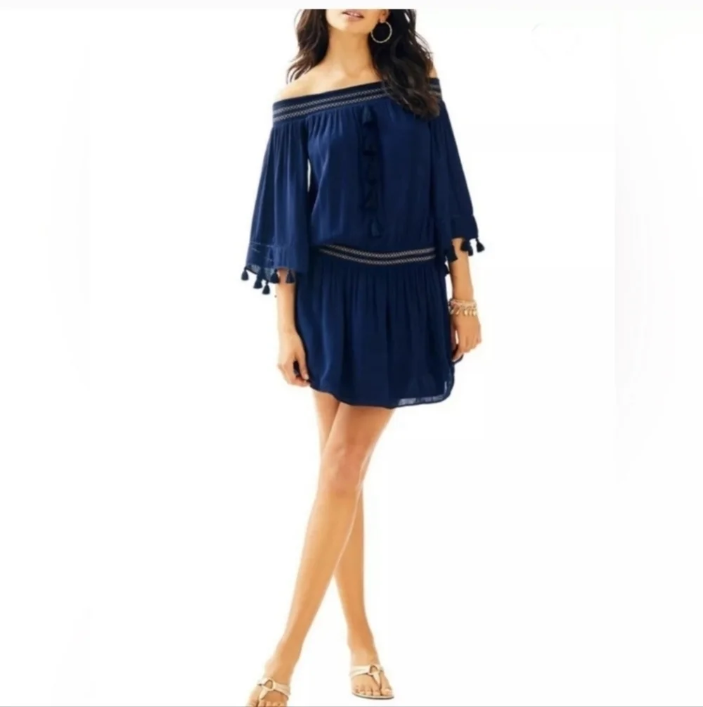 Lilly Pulitizer Joelle Navy Blue off the shoulder Minidress with XXS - Picture 6 of 11